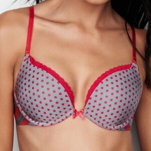 Victoria’s Secret Bra Push Up Polka Dot Stripe Red Grey size 36D